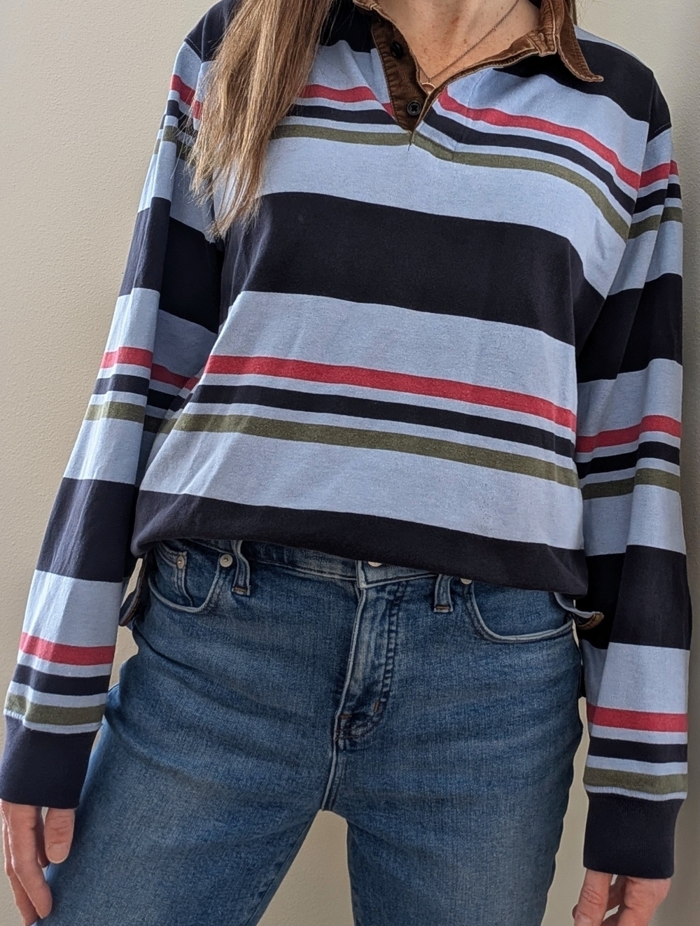 Vintage Lands' End Striped Polo Corduroy Collared Shirt in Light Blue/ Navy